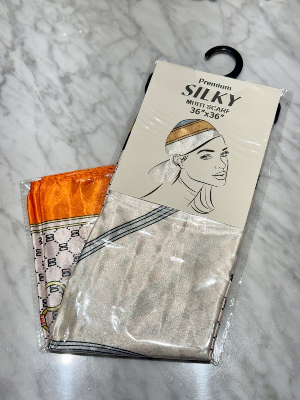 WOMEN'S ORANGE SILKY FEEL ABSTRACT PRINTED SQUARE SCARF - NEW IN PACKAGE - Picture 13 of 13